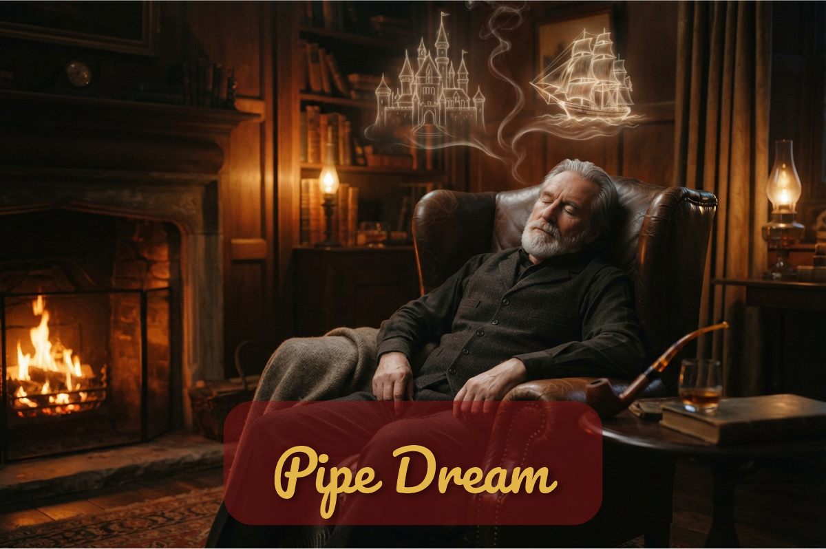 Hombre dormido en un sillon junto al fuego con un palacio y un barco dibujados en el humo de su pipa