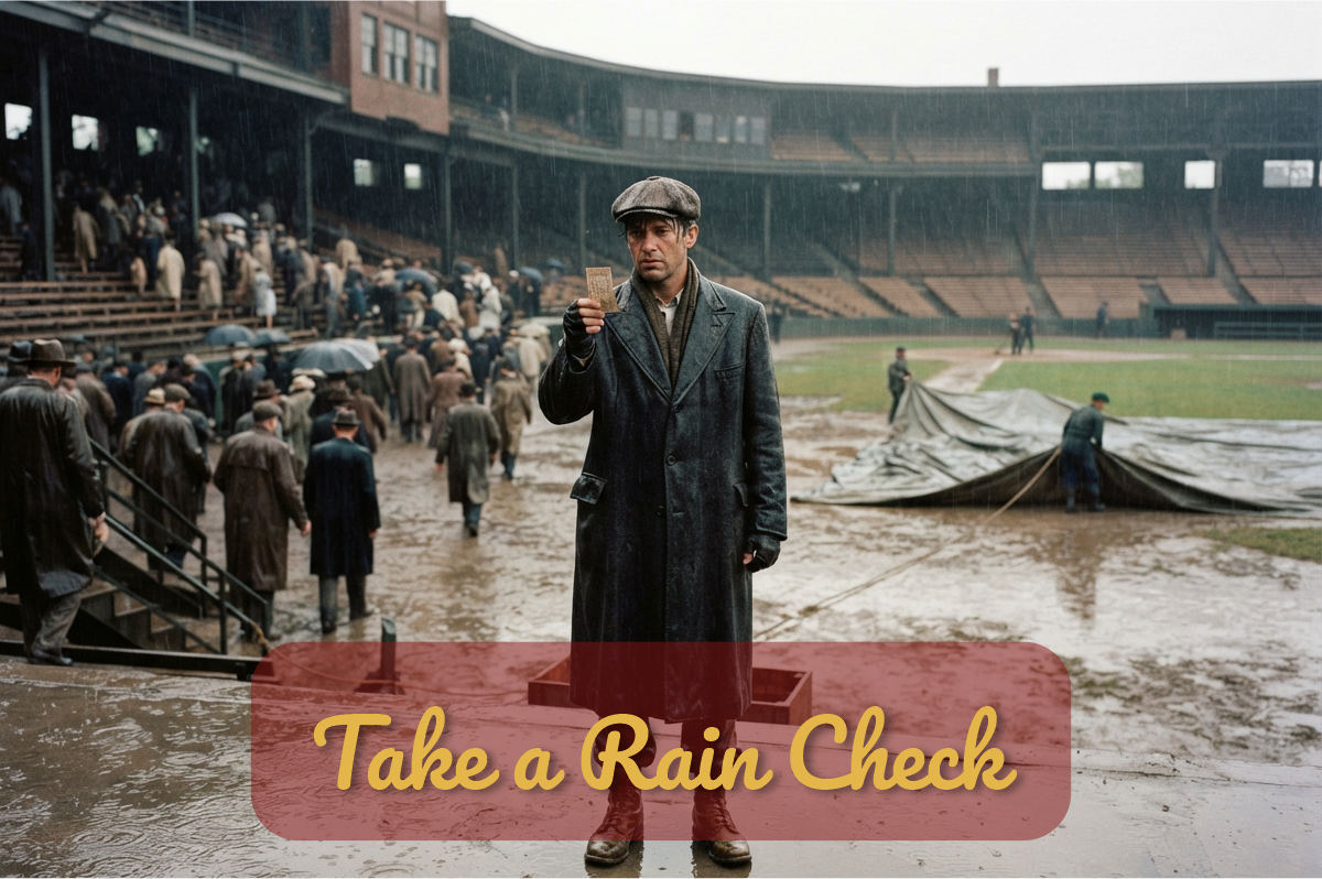 Espectador con gorra sosteniendo un resguardo en un estadio de beisbol bajo la lluvia