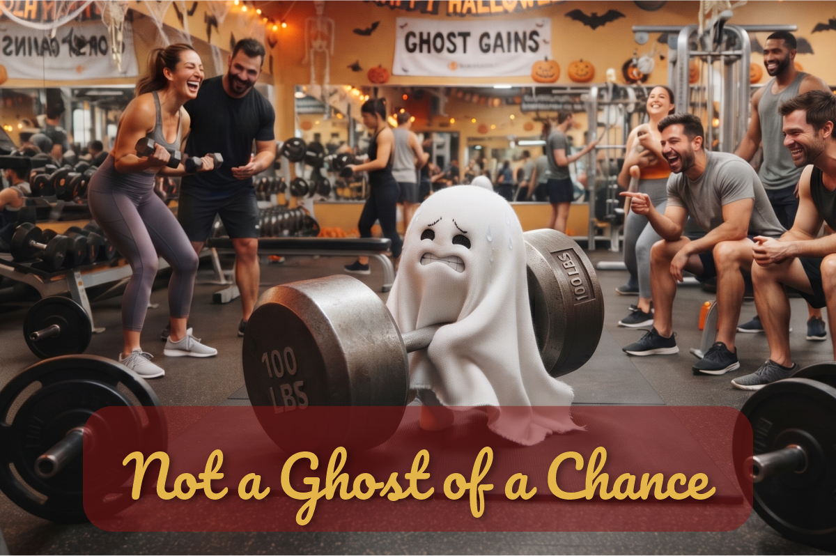 Not a Ghost of a Chance: pequeño fantasma de sábana intenta levantar una pesa de 100 libras mientras todo el gimnasio se ríe