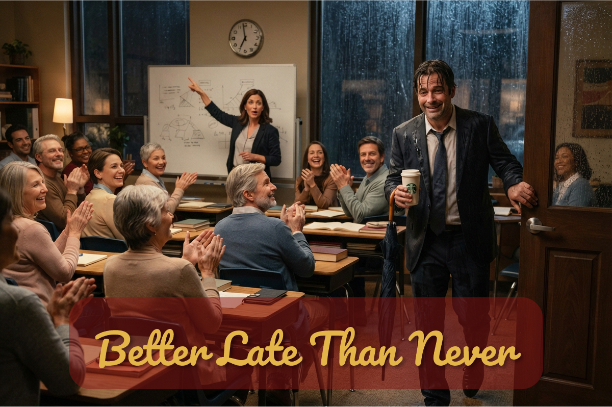Better Late Than Never: hombre empapado con paraguas y café entra tarde a clase mientras los alumnos aplauden