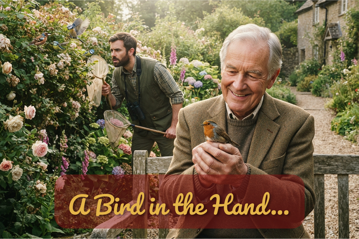 A Bird in the Hand Is Worth Two in the Bush: abuelo sonriente con un petirrojo en las manos mientras un joven persigue pájaros con redes