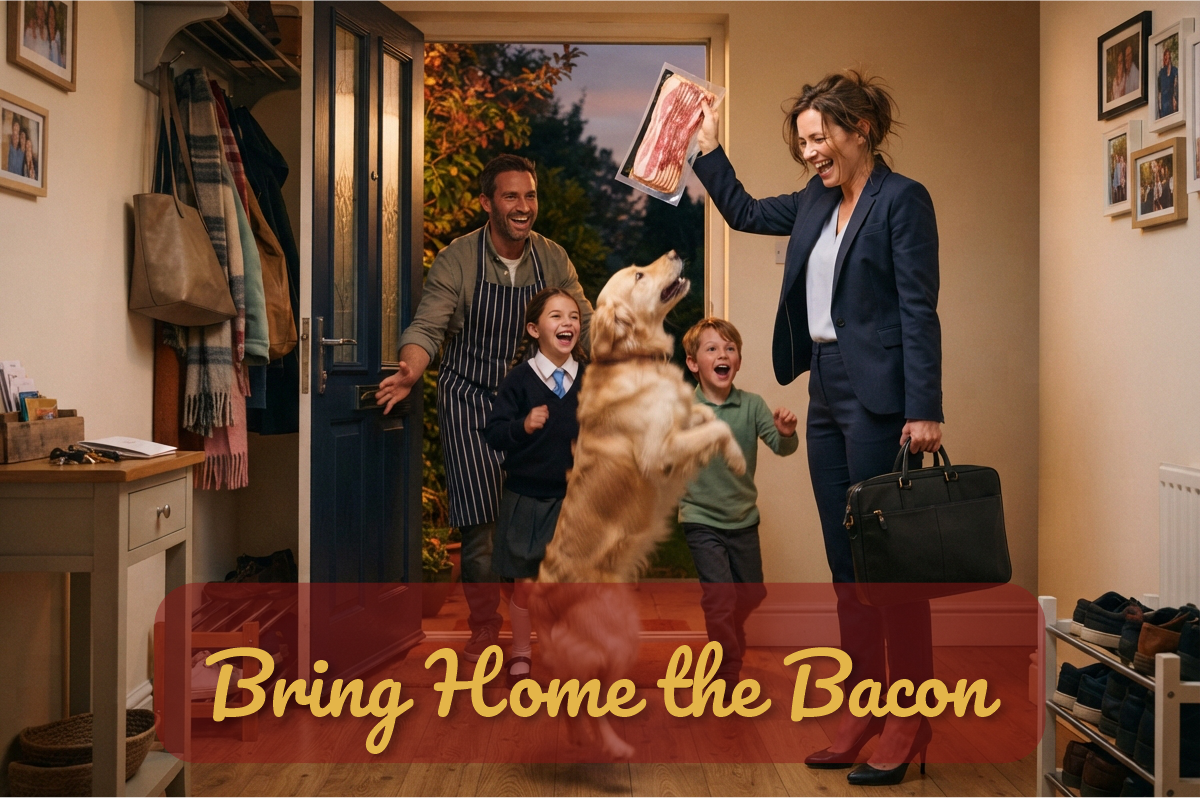 Bring Home the Bacon: madre con traje levanta un paquete de tocino al llegar a casa y el perro salta de alegría