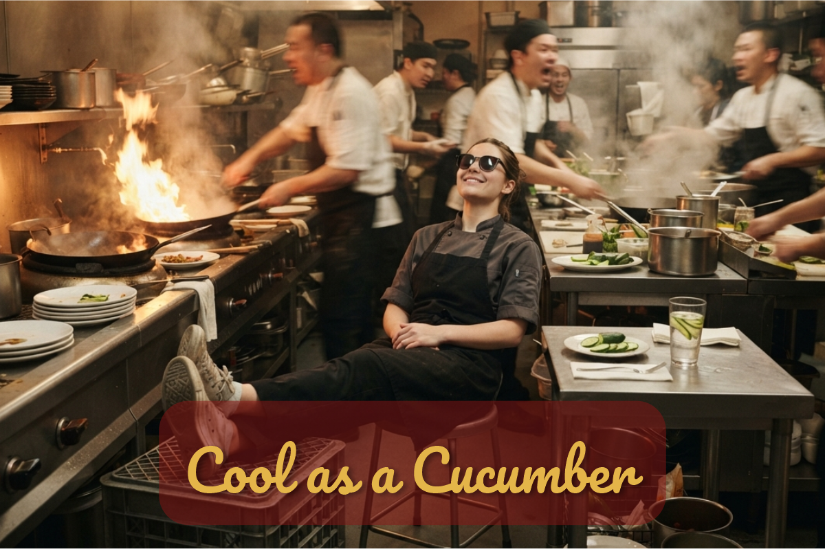 Cool as a Cucumber: chef con gafas de sol descansa con los pies en alto en medio del caos de una cocina