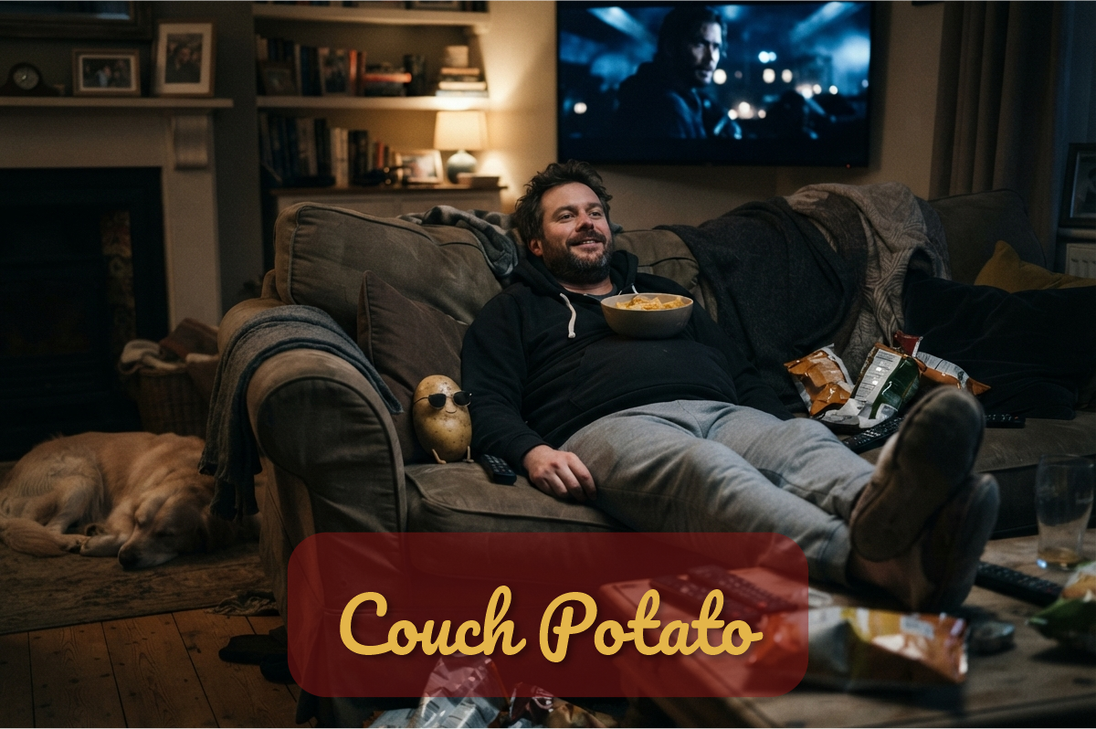 Couch Potato: hombre hundido en el sofá con un tazón de papas fritas y una papa con gafas de sol a su lado