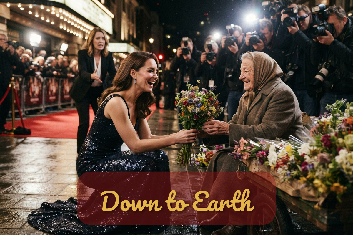 Down to Earth: estrella de cine con vestido de lentejuelas se arrodilla para comprar flores a una señora en la alfombra roja