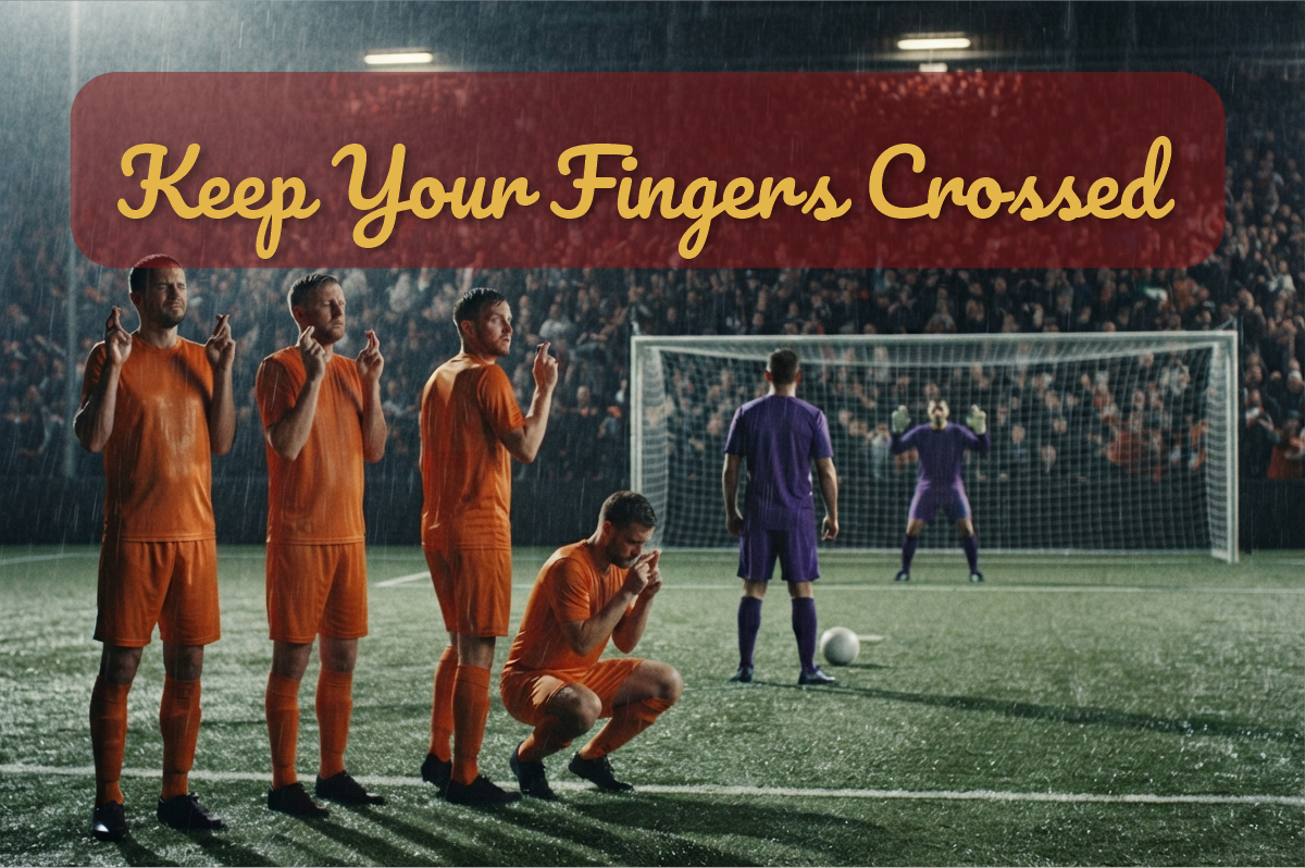Keep Your Fingers Crossed: jugadores con los dedos cruzados mientras el delantero se prepara para patear un penal bajo la lluvia