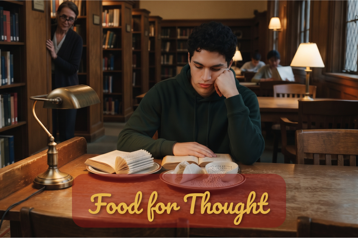 Food for Thought: estudiante en una biblioteca con platos de páginas de libros y una sopa de letras