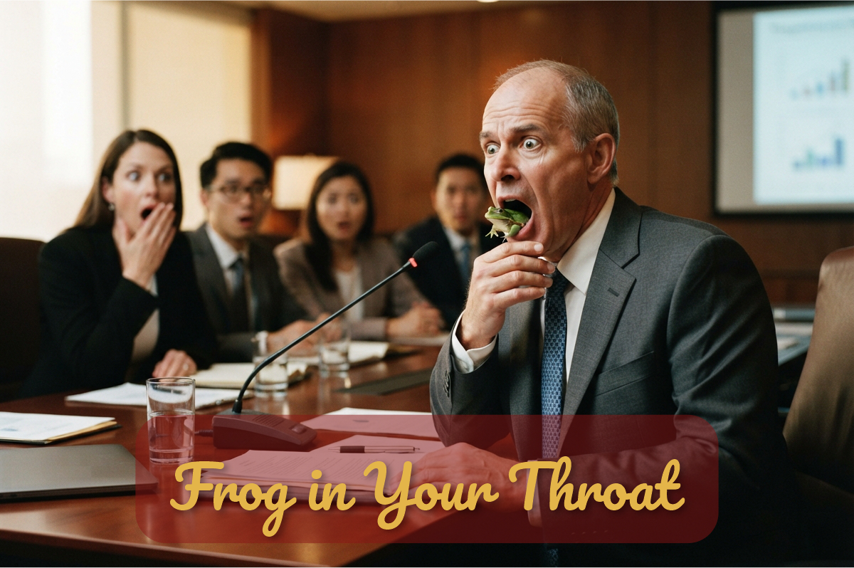 Have a Frog in Your Throat: ejecutivo con una rana saliendo de la boca frente al micrófono en una reunión