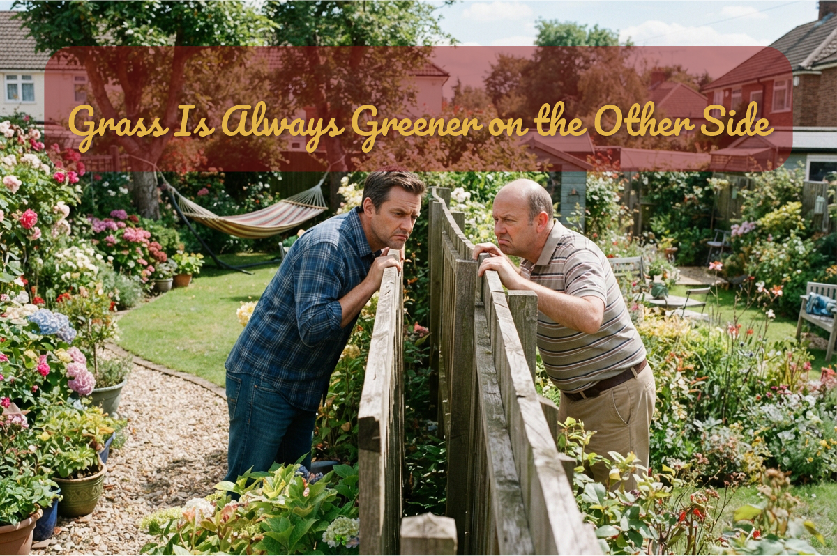 The Grass Is Always Greener on the Other Side: dos vecinos miran con envidia el jardín del otro por encima de la cerca