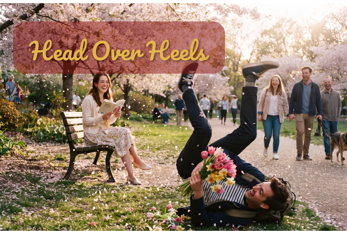 Head Over Heels: joven da una voltereta con un ramo de tulipanes frente a una chica que lee en un banco