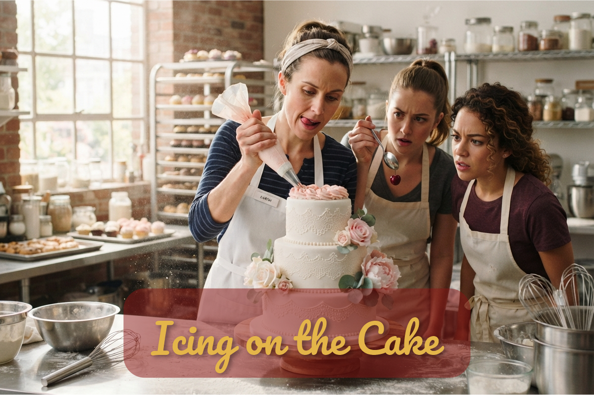 The Icing on the Cake: pastelera decora un pastel de bodas de tres pisos mientras su ayudante espera con una cereza