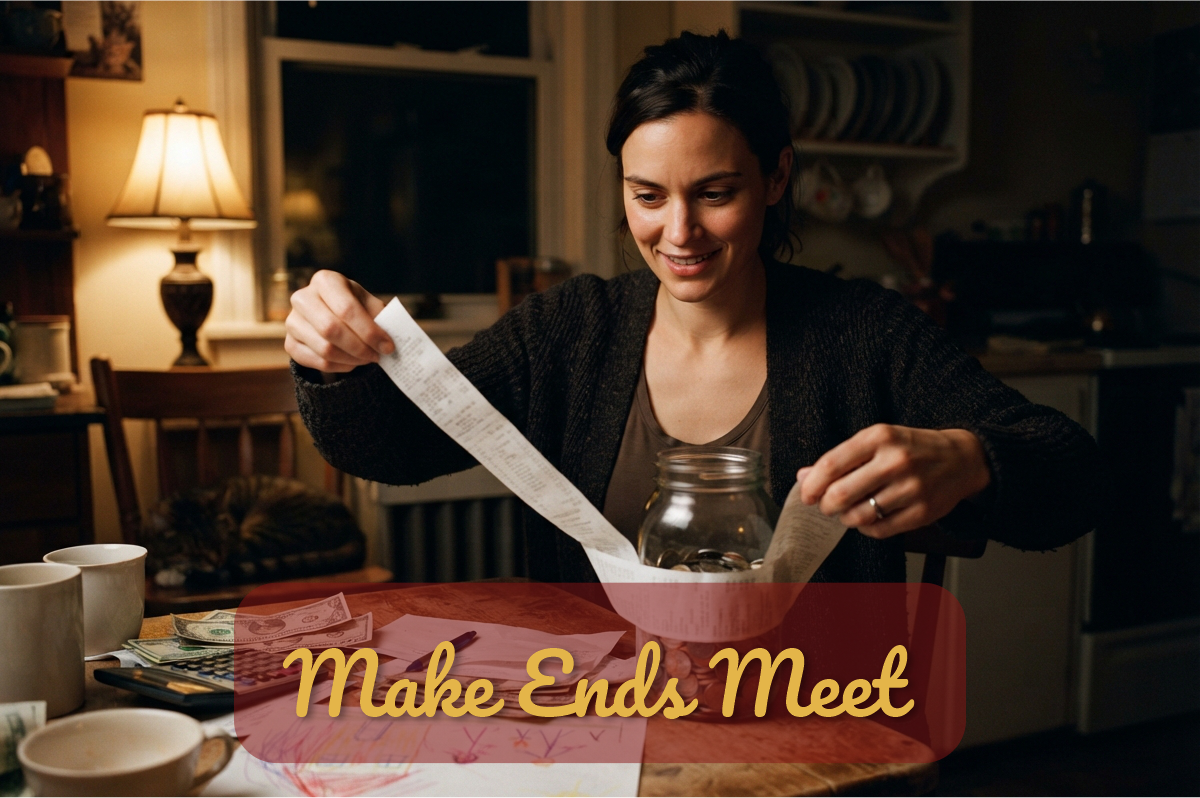Make Ends Meet: madre estira un ticket largo alrededor de un frasco de monedas en la mesa de la cocina