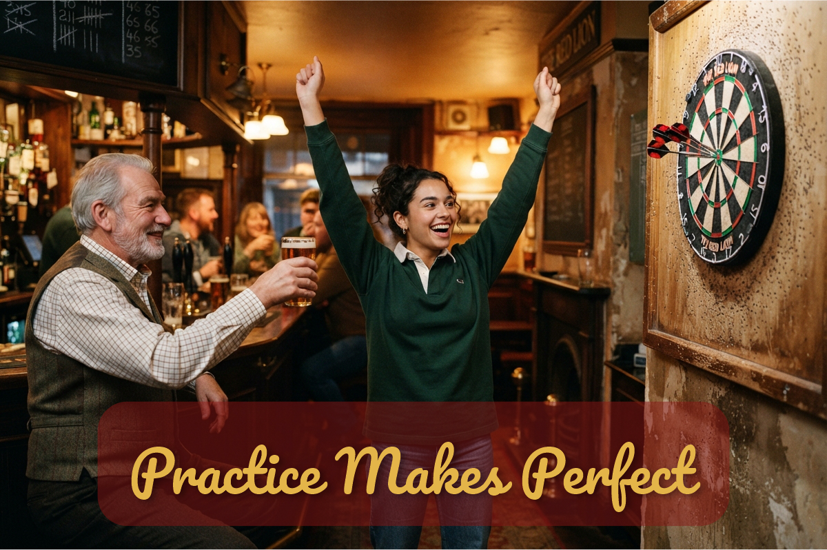 Practice Makes Perfect: joven celebra en un pub junto a una diana rodeada de agujeros de dardos