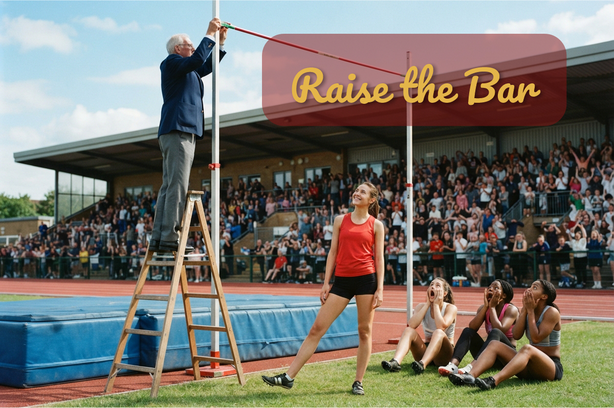 Raise the Bar: juez sube la barra de salto de altura en una escalera mientras la atleta sonríe