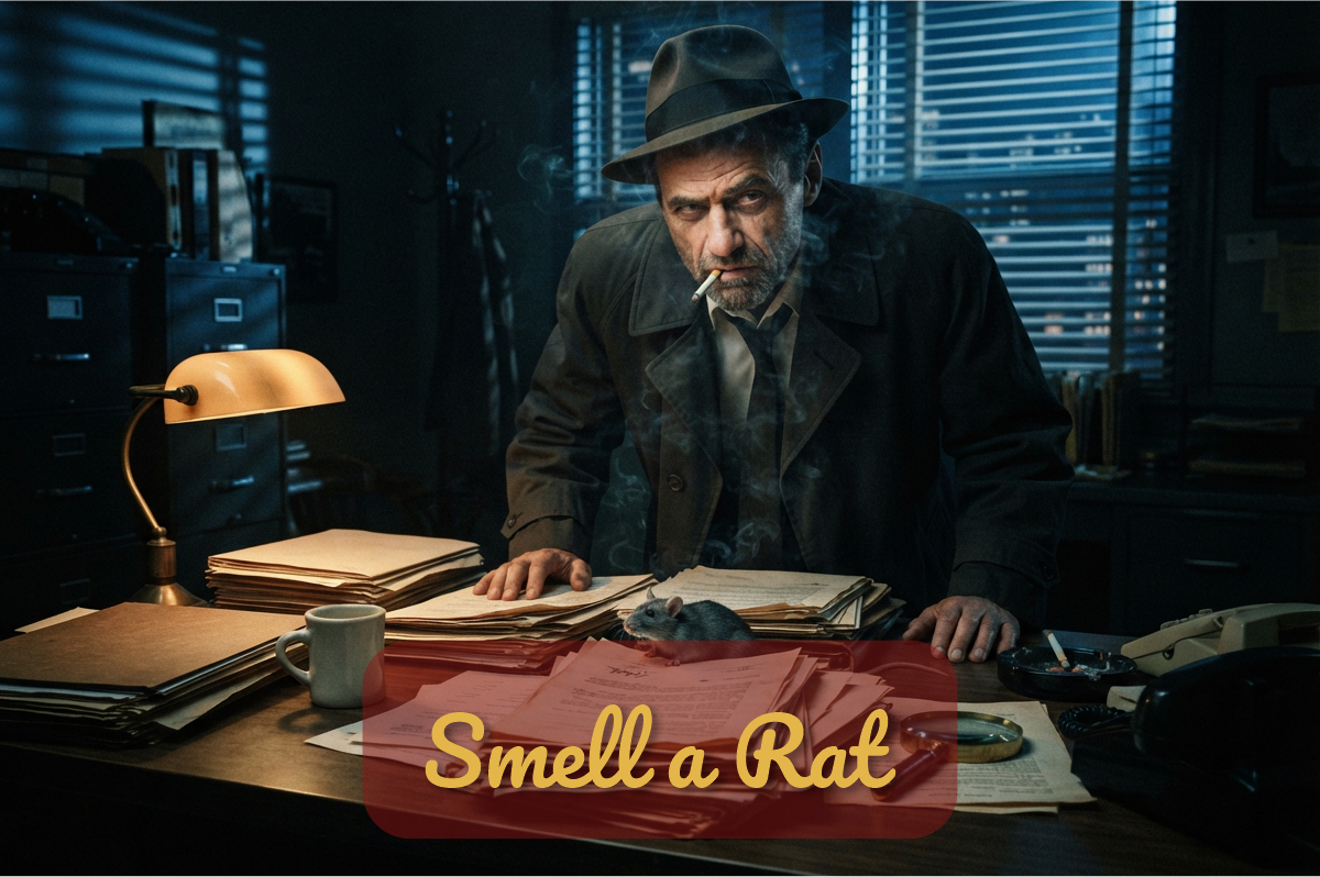 Smell a Rat: detective con sombrero y gabardina mira con sospecha una rata sentada sobre una pila de expedientes