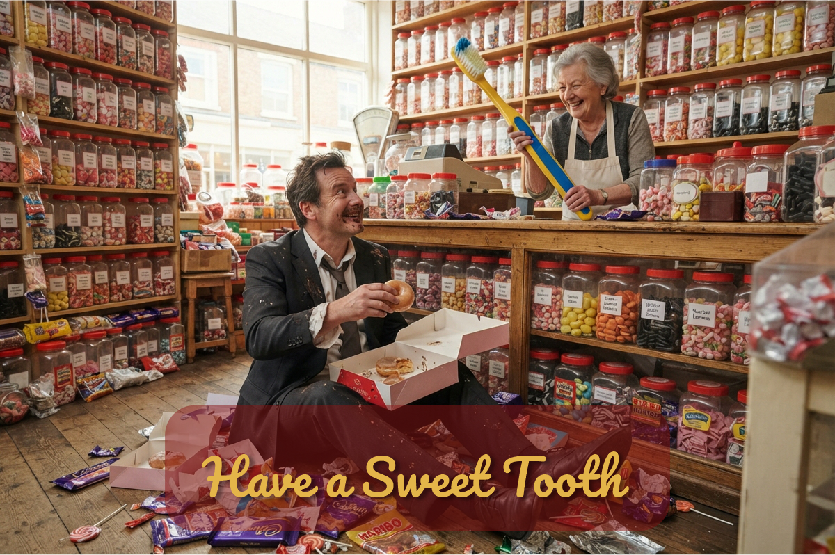 Have a Sweet Tooth: hombre de traje rodeado de envolturas de dulces y la dueña con un cepillo de dientes gigante
