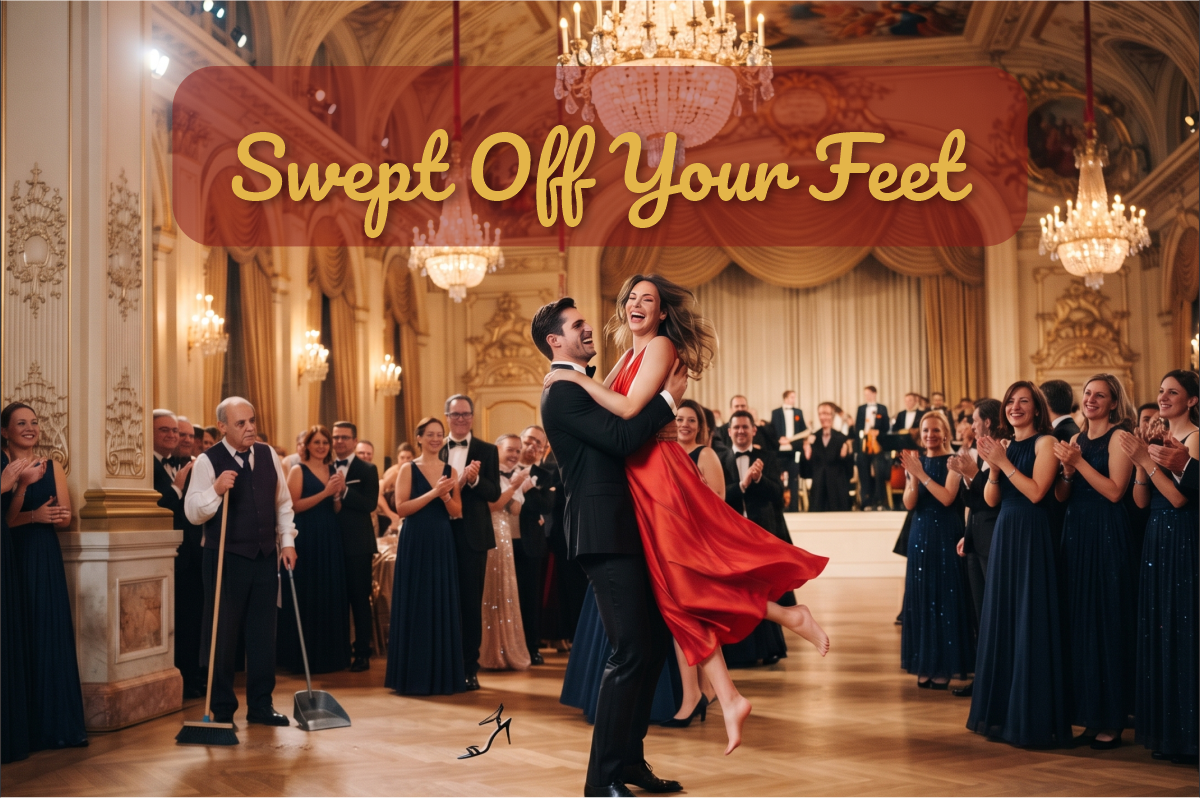 Swept Off Your Feet: hombre de esmoquin levanta a una mujer de vestido rojo en un salón de baile