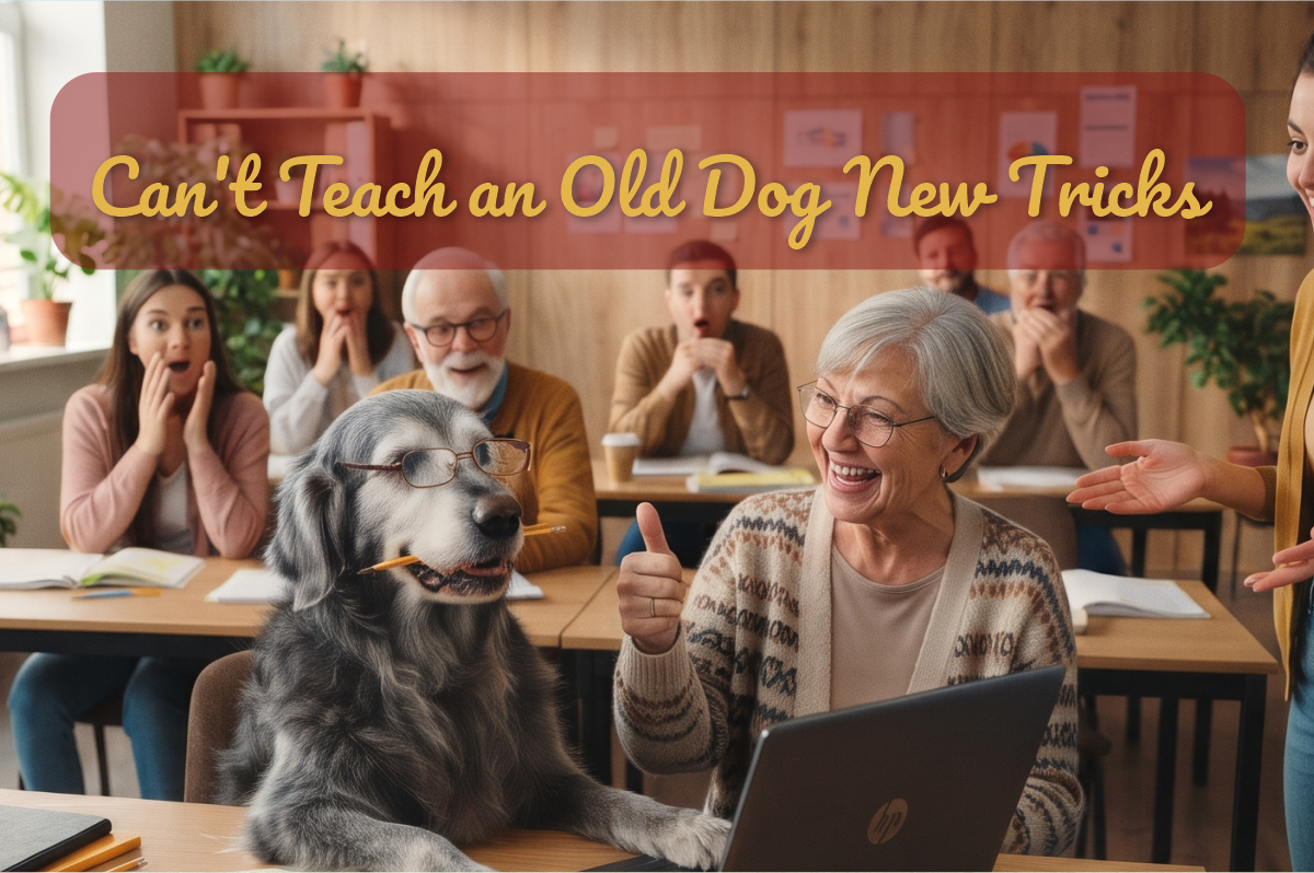 You Can’t Teach an Old Dog New Tricks: perro viejo con gafas estudia inglés con una computadora junto a una abuela