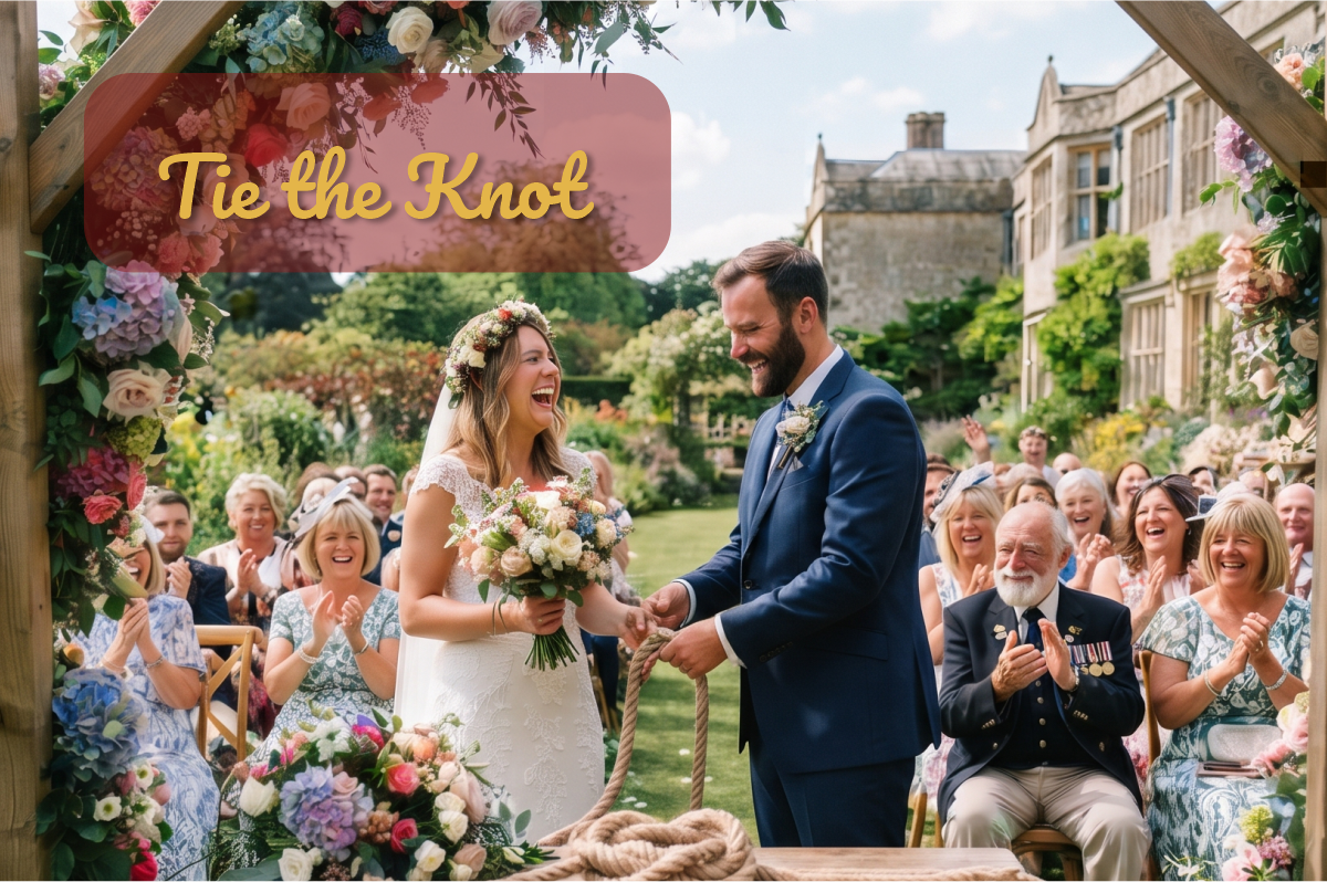 Tie the Knot: novios se ríen mientras atan un gran nudo de cuerda en su boda en el jardín