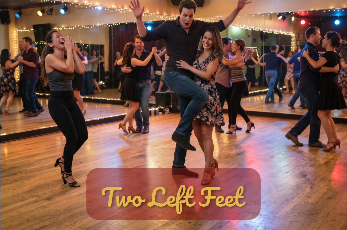 Two Left Feet: hombre levanta la pierna torpemente en una clase de salsa mientras su pareja lo esquiva