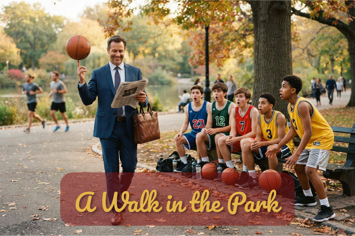 A Walk in the Park: ejecutivo lee el periódico mientras gira un balón de básquet en un dedo frente a jóvenes basquetbolistas asombrados
