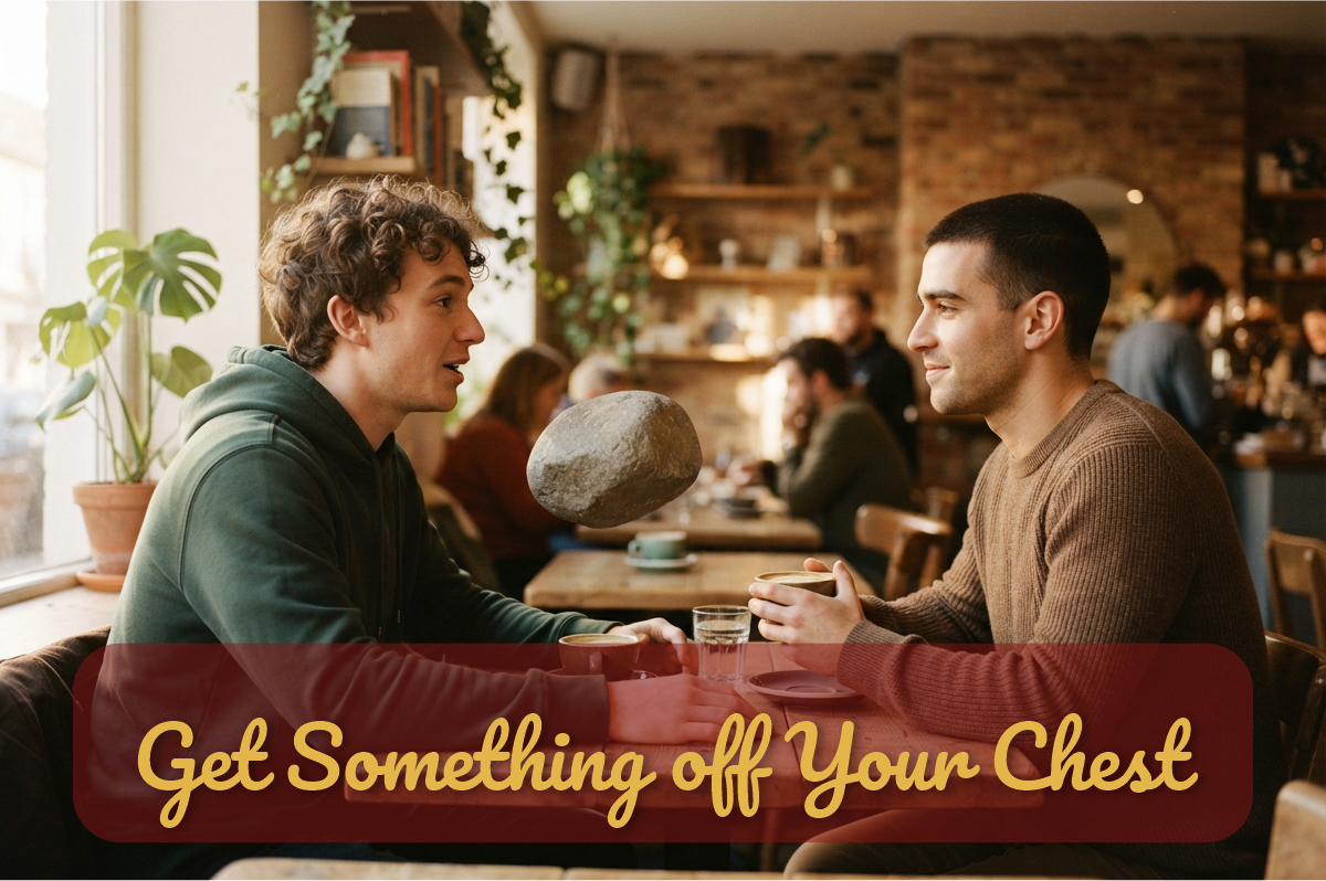 Get Something off Your Chest: joven habla con su amigo en un café mientras una piedra sale flotando de su pecho